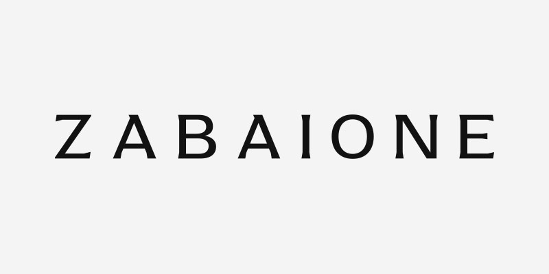 Zabaione brand name in black serif font on light gray background.